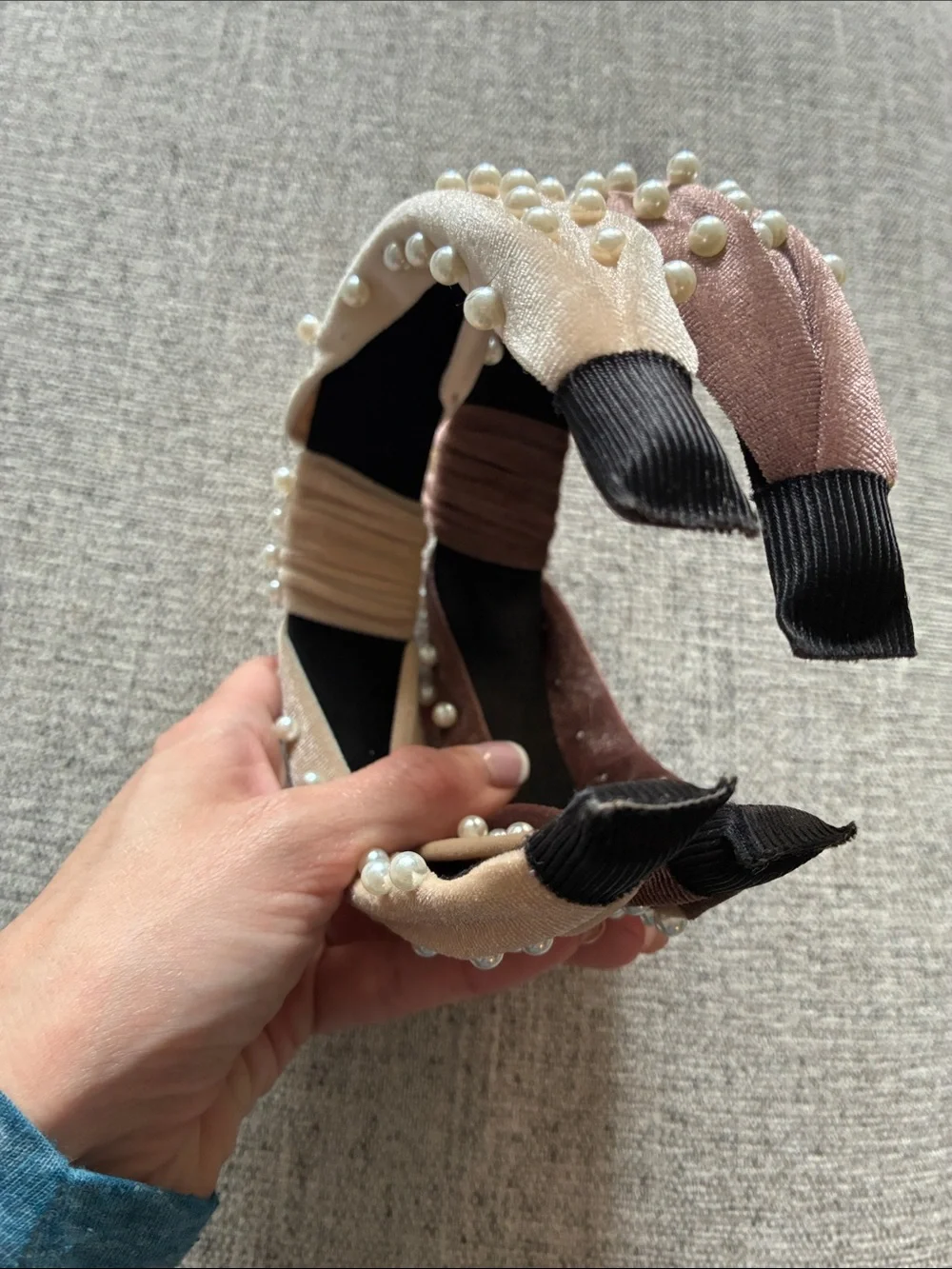 Pearl-Studded Velvet Knot Headbands in Beige and Brown